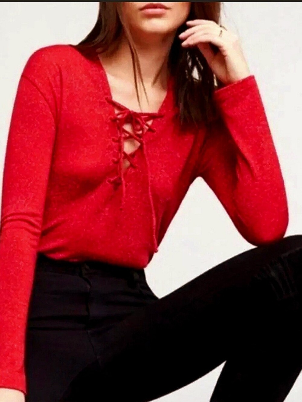 Reformation Top, Size S, Red, Lace Up, Metallic Knit, Bell Sleeve